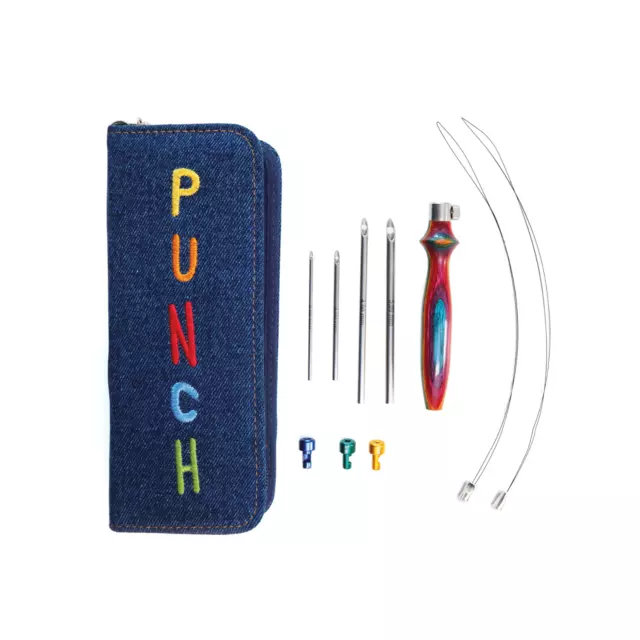 KnitPro Punch Needle Set: Adjustable: The Vibrant Kit, blue denim case threaders