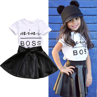 Fashion Toddler Baby Girls T-shirt Tops +PU Skirt Kids 2Pcs Clothes Outfits