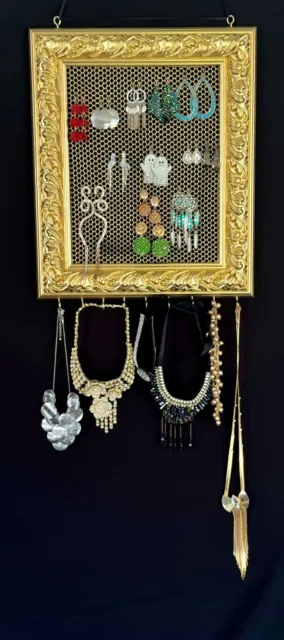 Vintage Hanging Earring Organizer Frame Wall Mounted Jewelry Holder 18in x15in.