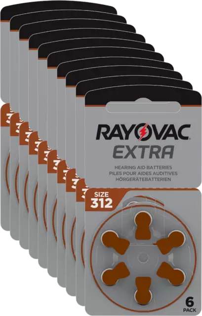 60 x Rayovac Extra Advanced Hörgerätebatterien 312 312AU-6XEMF 10x6er Blister