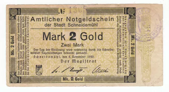 Schneidemühl, Stadt   2 Gold Mark  8. Nov. 1923   selten,  gebraucht