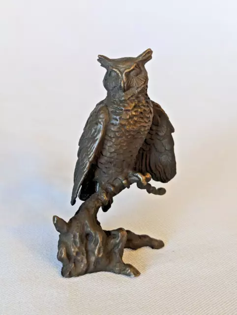 Vintage horned Owl on branch cast bronze Avon metal collectible figurine 3.25"