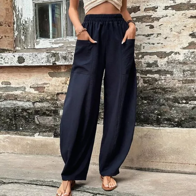 Ladies Casual Solid Colorwide Leg Trousers With Elastic Waist And Pockets S-5XL