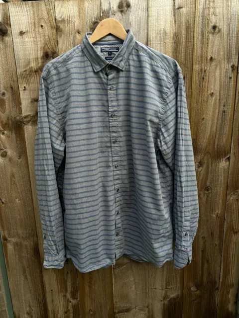 Men’s Long Sleeved Collared Tommy Hilfiger Shirt - Grey - Blue Stripes Size XL