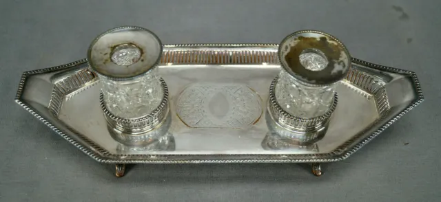British English Edwardian Era Silver Plate & Cut Crystal Double Inkwell Stand