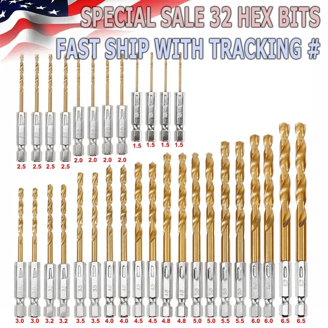 32PCS Drill Bit Set Titanium Coated HSS High Speed Steel Hex Shank Quick Change