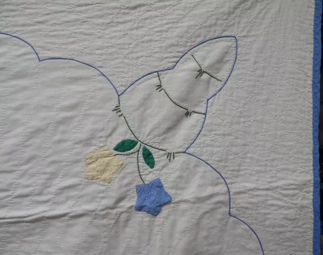 Vintage Hand-Stitched Baby Quilt Applique Bear Cub Blue Butterfly Flowers 45x62 3