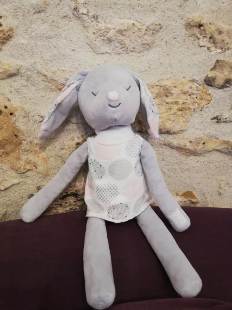 Doudou Peluche Obaibi OB lapin Gris Blanc Rose Robe Ronds Pois 40 Cm