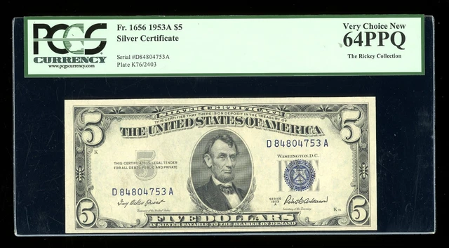 DBR 1953-A $5 Silver Fr. 1656 DA Block PCGS 64 PPQ Serial D84804753A