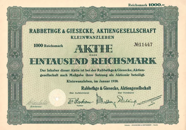 Rabbethge & Giesecke AG - Kleinwanzleben - Aktie - 1938 - 1.000 Reichsmark -