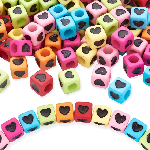 200pcs Acrylic Beads Cube with Black Heart Random Mixed 7mm Colorful Bead Spacer