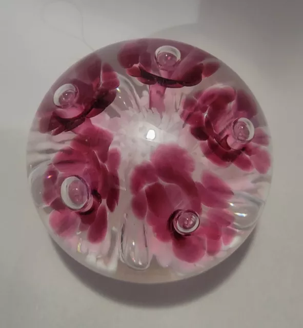 JOE RICE PINK AND WHITE ICEPICK FLOWER PAPERWEIGHT 2.75" Wide