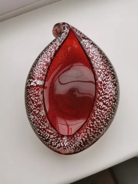 Vintage Murano Red & Silver Aventurine Shell Form Art Glass Bowl C1960's