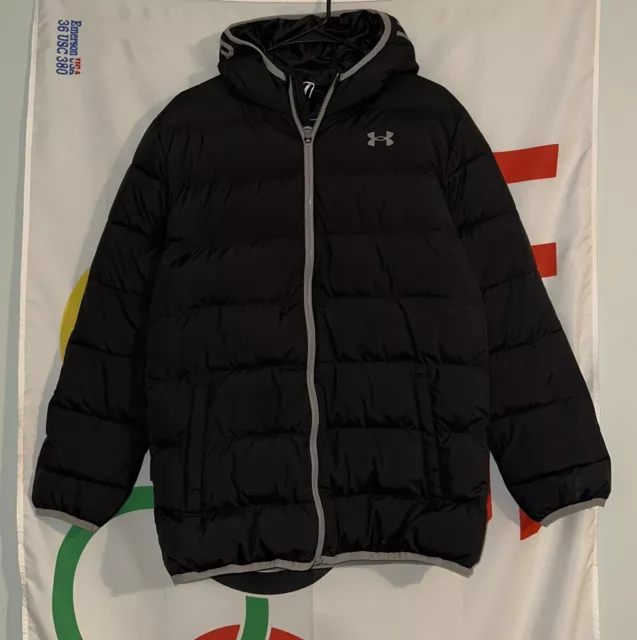 Under Armour Puffer Jacket Youth XL Black ColdGear Full Zip Hooded Poly Hooded