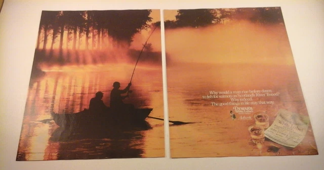 Vtg 1988 Print Ad DEWAR'S WHISKY - SALMON FISHING ON RIVER TWEED - 11X16" 2pg Ad
