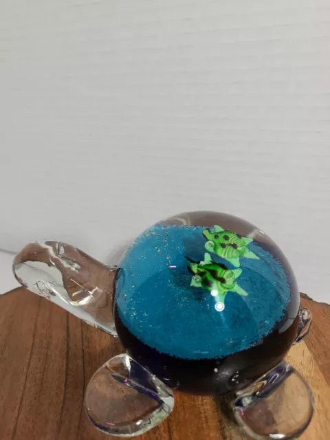 Hand Blow Paperweight Turtle With Two Sea Turtle Babies Swimming Inside