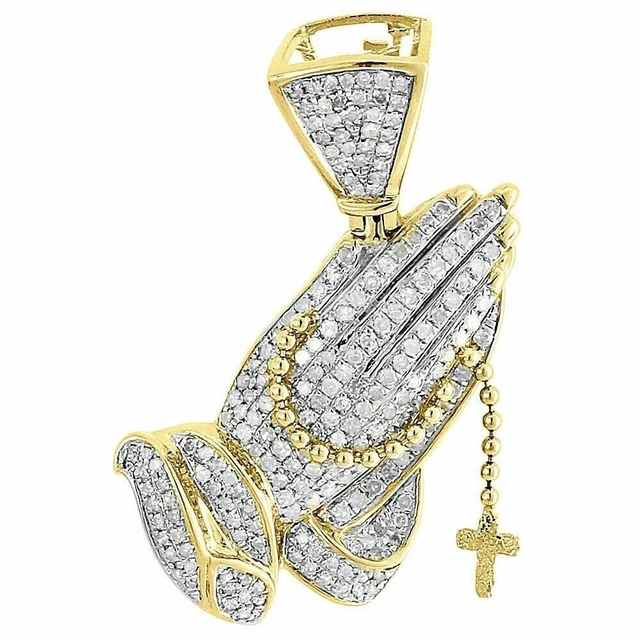 Real Moissanite 1.60Ct Praying Hand Rosary Cross Pendant 14K Yellow Gold Plated