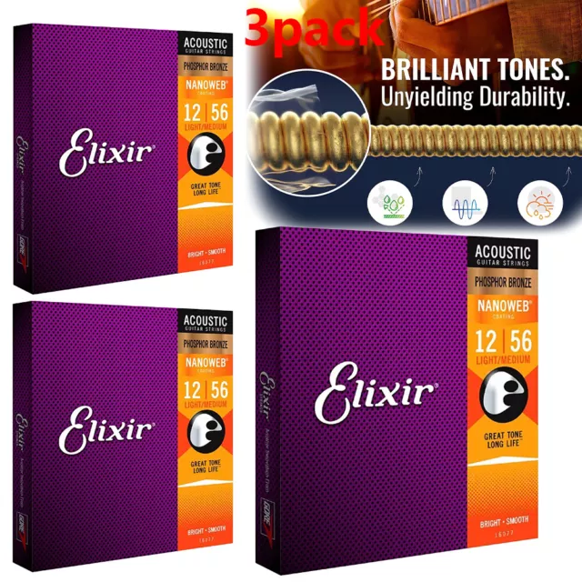 Elixir Guitar Strings 3-Sets Phosphor Bronze Nanoweb Medium Light 12-56 16077