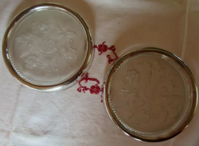 Beautiful Pair French Vintage Solid Silver And Glass Large Bottle Coasters