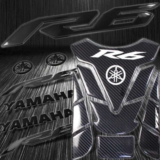 Real Carbon Fiber Tank Pad+6" 3D Logo+2-Tone Glossy Black YZF-R6/R6S Sticker Kit