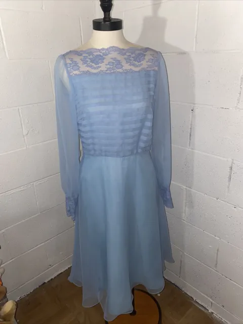 Vintage Miss Elliette Gorgeous Baby Blue Chiffon Lace Evening Dress 10 gown