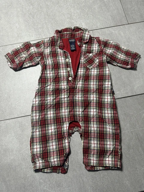 Oshkosh B’gosh Baby Boy 3-6 Months Red Plaid Flannel Lined One Piece Romper