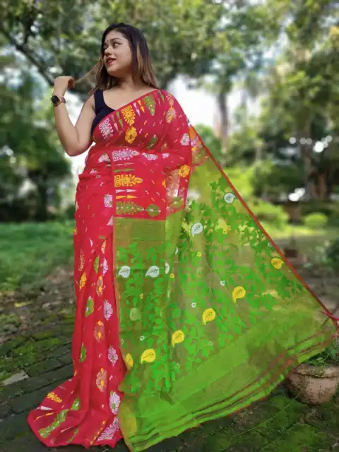 Cotton Silk Dhakai Jamdani Saree Hand Made Sari For Women Traditional Wear