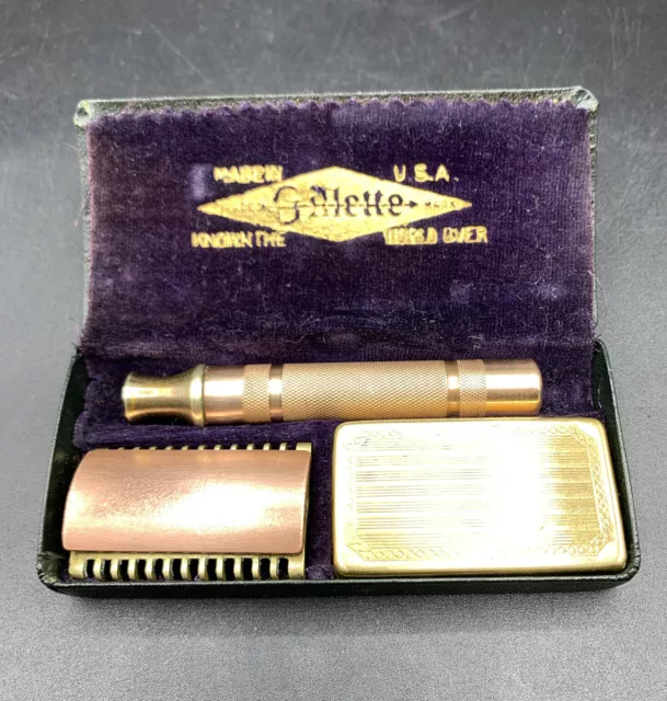 Nice Clean Gold Tone Gillette Razor 3-Piece  Patent #17567 W/Blade Case & Box