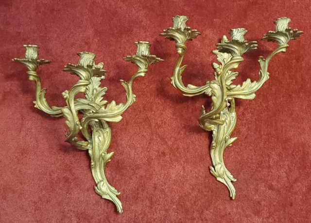 Pair of Antique Louis XV Style Rococo Gilt Bronze Sconces, Early 20th C, PA5848