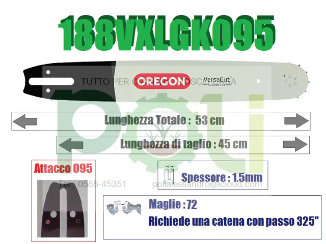 BARRA OREGON VERSACUT 188VXLGK095 45CM PASSO.325 x SPESSORE 1,5mm x 72 MAGLIE