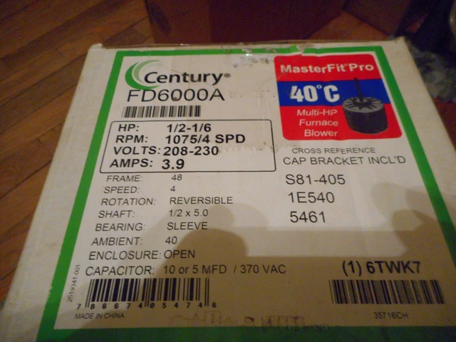 Century Fd6000a Motor,Psc,1/2 Hp,1075,208-230V,48Y,