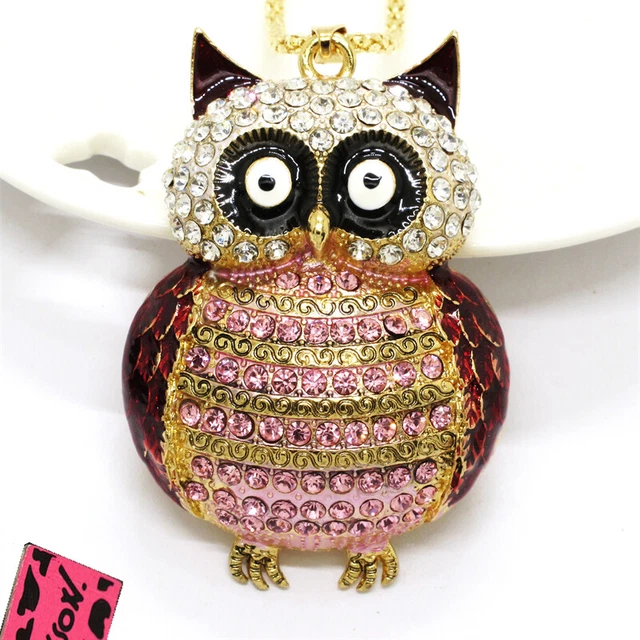 Hot Fashion Women Pink Rhinestone Cute Owl Bird Crystal Pendant Chain Necklace