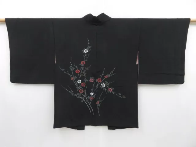 3127T11z500 Vintage Japanese Kimono Silk HAORI Plum blossom Black