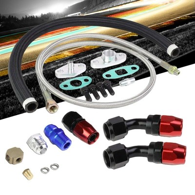 40" Stainless Steel Braided Turbo Oil Feed Line+Black Nylon Braided Drain Line