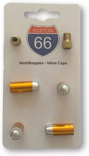 4er Set Ventilkappen + 2 Adapter für Auto, Motorrad, Fahrrad  - Bullet Big Gold