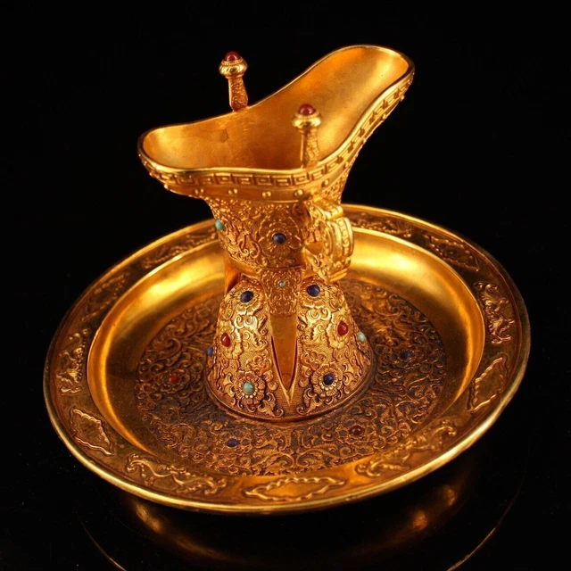 7.2"China manual Fine carving the Qing dynasty Inlaid gemstone Gilding cup a set