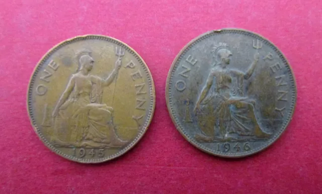 Great Britain  Pair Consecutive Date King George Vi  One Penny Coins 1945 & 1946