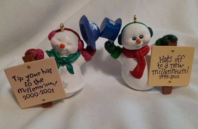 Millennium Snowma'am 2000 Hallmark Keepsake Mini Ornament Snowman 1 3/4" LOT- 2