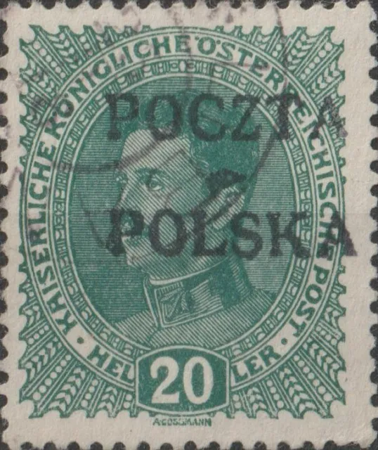 USED 1919 POLAND 20 Hel Krakow Issue Stamp POLSKA POCZTA Overprint Austria GREEN