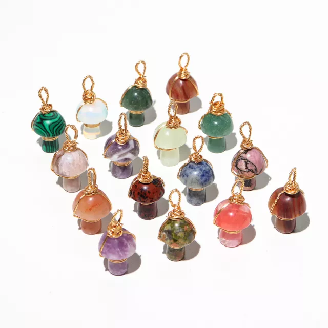 Natural Crystal Stone Mushroom Chain Pendant Necklace Wire Wrapped Healing Gift