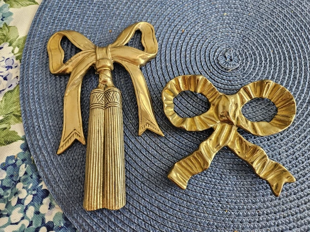 2 Vintage Brass Ribbon Bows Wall Hanging Decor