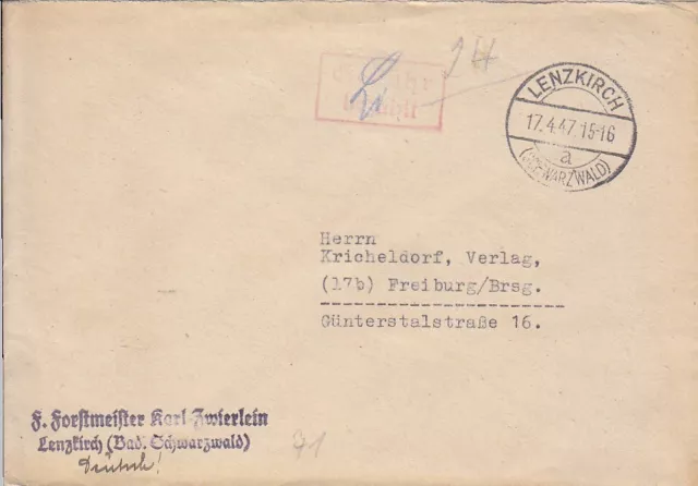 F.Zone - LENZKIRCH  (SCHWARZWALD)  - Gebühr bezahlt - Brief - 1947