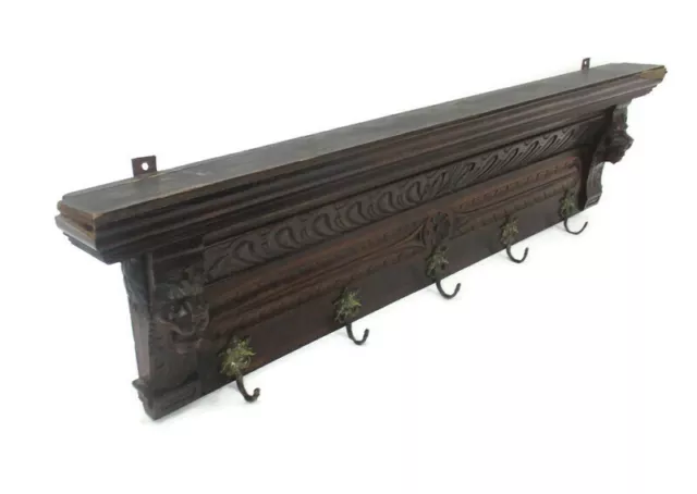 Hand Carved Wood Oak Coat Hat Kitchen Hallway Rack Ornate Lion Heads WOW XL