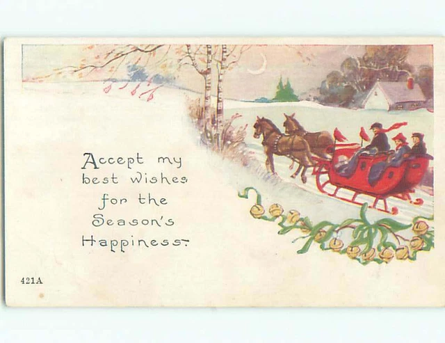 Pre-Linen christmas PEOPLE RIDING IN HORSE-DRAWN SLED THROUGH THE SNOW J1820