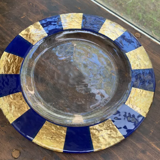 Vintage Eisch Gold Leaf Plate 11" Blue Stripes Glass Goldleaf READ