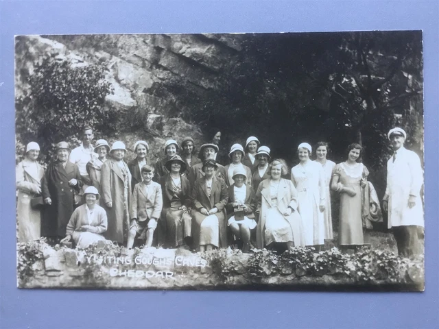 Holiday group with Driver 'Visiting Gough's Caves' Cheddar 1930s RP postcard