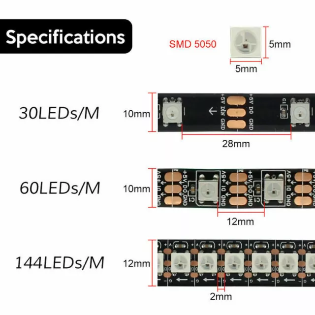 WS2812B 5V 5050 RGB LED Strip 1-5M 30 60 144 150 300 Leds Individual Addressable