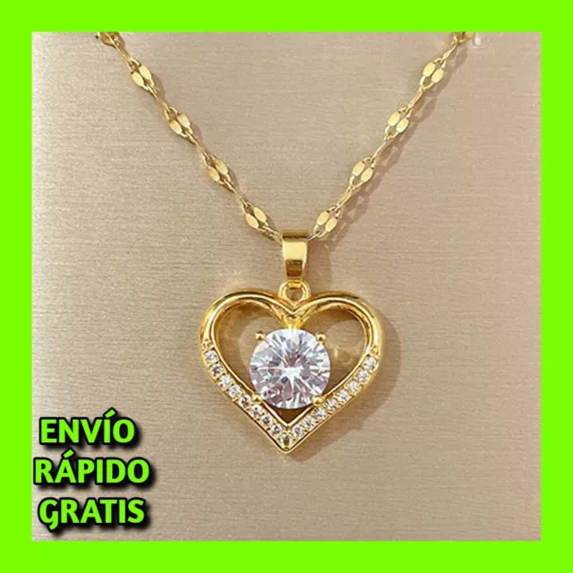 Collar Con Colgante De Corazón De Gemas Para Mujer Cadena Acero Inoxidable Oro