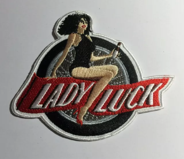 Lady Luck, Sew on cloth patch, Motor bike rider, cycle, Embroidered 97 x 80 mm