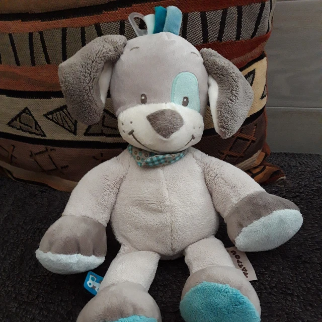 🐶Peluche doudou chien gris turquoise NATTOU bandana Cyril et Gaston  35 Cm TTBE